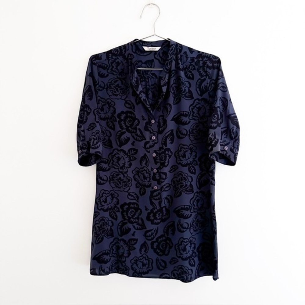 Tucker 100% Silk Navy Blue Floral Popover Blouse